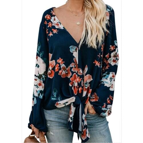 Blouses Womens Blouse Casual Front Tie Floral Print Top V-neck Shirt Long Sleeve Shirts Loose Vintage Femme Blusas Mujer Tops
