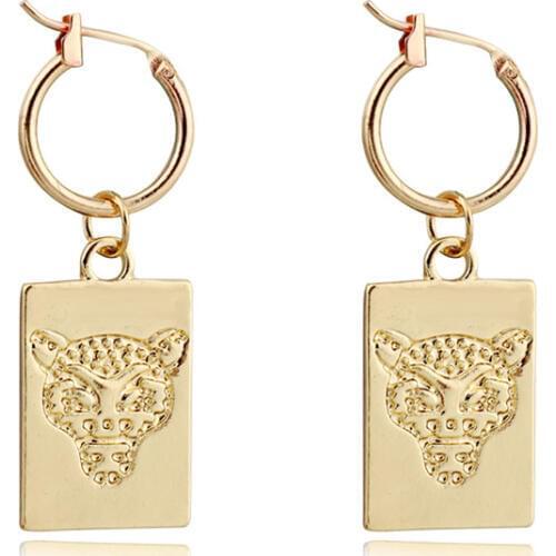 Dayoff 1Pair Rectangle Leopards Head Hoop Earrrings Animal Round Tag Earstud Women Jewelry Small Long Earrings E837
