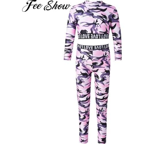 Kids Camouflage Sports Outfit Sportswear Long Sleeves Cropped Top+Leggings Pants Set Girls Yoga Suits Running Fitness Tracksuits