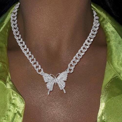 Hip Hop Cuban Link Chain Butterfly Necklace Iced Out for Women Men Miami Rhinestone Curb Bling Baguette Punk Choker Neck Thick