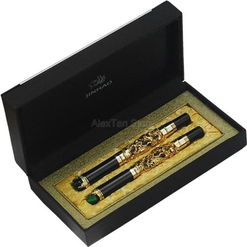 Jinhao Noble Dragon King Vintage Fountain Pen & Rolllerball Pen Green Jewelry Metal Embossing Golden Color With Gift Box