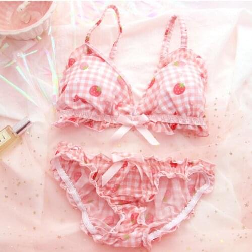 Strawberry Chequered Girl Sleep Bra Mesh Pink Sweet Underwear Suit for Students