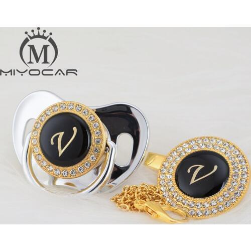 MIYOCAR name Initial letter V elegant silver bling pacifier and pacifier clip BPA free dummy bling unique design SGS pass LV