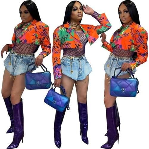 Fashion Casual Printed Small Suit Jacket Crop Korean Coats Women Drop Shipping