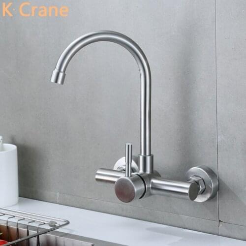 Wall Mounted Kitchen Faucet Double Hole Single Handle Tap Hot Cold Water Mixer Grifo Stainless Steel Concealed Sink Faucets Taps