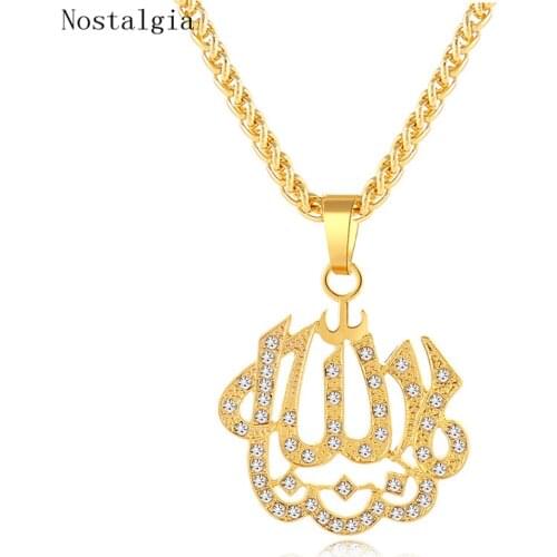 Men Hip Hop Style Islam Allah Pendant Necklaces Gold Silver Color Vintage Symbol Necklace Crystal Bling Women Jewelry Dropshippi