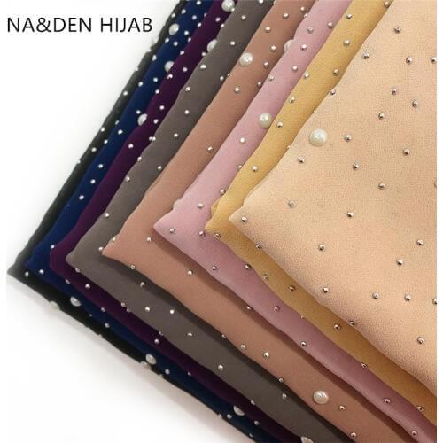 Women scarf solid plain chiffon pearls hot diamonds shawl foulard new fashion Muslim echarpe hijabs bandana 10pcs fast shipping