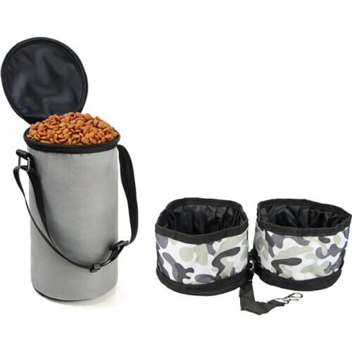 Portable Pet Dogs Cat Folding Travel Double Bowl Feeding Bowl Feeder Food waterproof Bag Bottle Cat Dog Water Bowls Goods Dogs