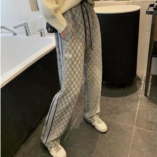 Plaid Straight Pants Grey Casual Sweatpants for Womens Trousers Autumn and Winter 2020 Harajuku Vintage