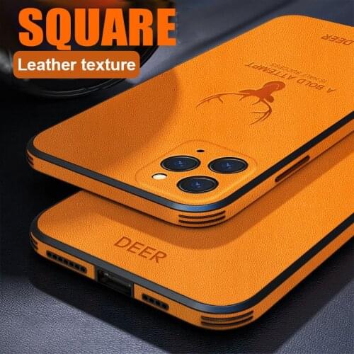 Luxury Leather Texture Square Frame Case on For iPhone 12 11 Pro Max Mini iPhone X XR XS Deer Camera Protection Shockproof Cover