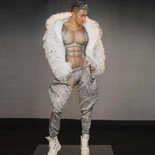 Sexy NudeTattoo Muscle Print Jumpsuit Men Fur Jacket Coat Nightclub birthday Prom Singer Dancer Stage Costume Carnival Clothes