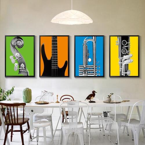 HAOCHU Modern Rock & Roll Musical Guitar Bass Trumpet Black White Canvas Painting Wall Poster Living Room Sofa Background Decor