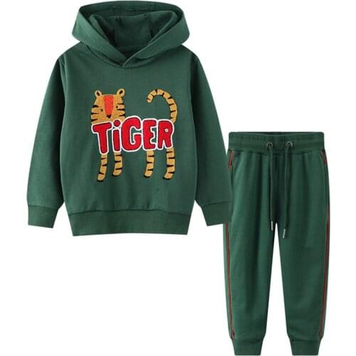 Jumping meters Hoodiess Boys Green Clothing Sets with Tiger Pattern Autumn Long Sleeves Trousers Cute Pant 2-8years