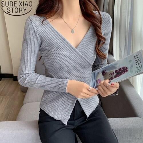 Korean Pullover Bottomed Versatile Slim Sweater 2021 V-neck Knitted Sweater Womens Autumn and Winter Long Sleeve Shirt 16157