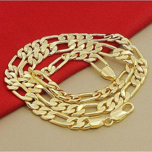 High Quality Mens 8mm 24'' 60cm Gold Necklace 24k Yellow Gold Color Figaro Chain Necklace For Male Luxury Jewelry