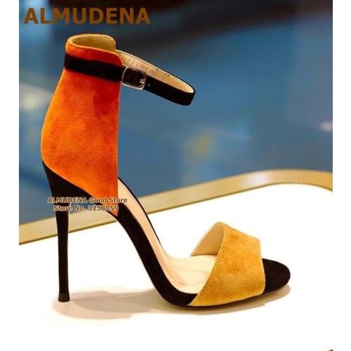 ALMUDENA Orange Mustard Yellow Suede Patchwork Sandals Stiletto Heels Multi-color Buckle Strap Dress Shoes Colorized Pumps