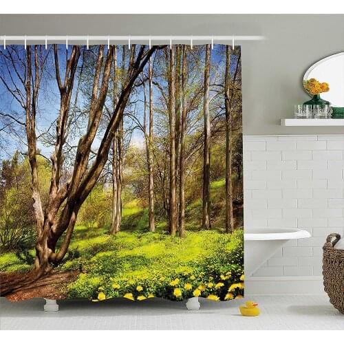 Nature Shower Curtain Spring Forest Flower Field and Trees Dreamy Eco in Sunny Open Sky Landscape Home Decor Bathroom Curtains