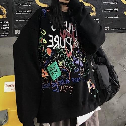 Hip Hop Sweatshirt Women Fall Fashion Cotton Graffiti Printed Ladies Hoodie High Street Top Harajuku Long Sleeve Loose Pullover