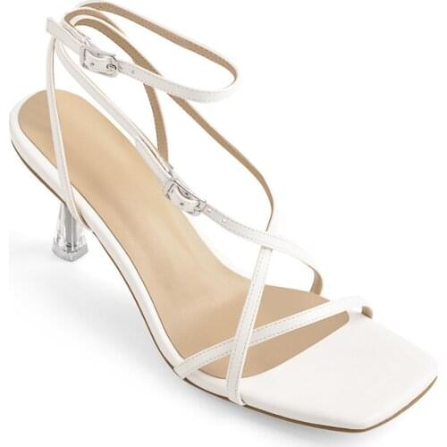Richealnana Square Toe Sandals Womem Matte White Ankle Buckle Cross-tied Transparent Metal Heel Office Wedding Party
