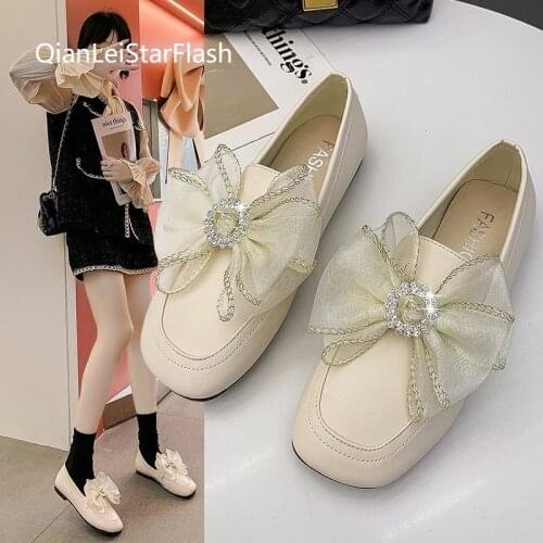 Spring Women Loafers Flower Slip on Flat Shoes Woman Flats Crystal Boat Shoes Black Loafer Square Toe Casual Shoes Ladies