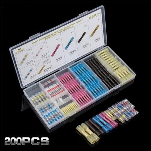 200Pcs Thicken Wire Heat Shrink Butt Splice Connectors 5Sizes Solder Sleeve Cable Splice Crimp Terminals AWG 22-10 Kit