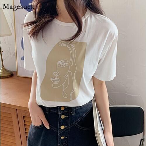 2021 Loose Casual Summer Top T Shirt Femme Short Sleeve Woman Tshirts White Tees Face Printed O-neck T Shirt Women Clothes 9947