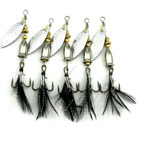 5 pcs Metal Fishing Spoon Lures Spinnerbait Fishing Wobblers 6CM 6G Black Feather Spoon Buzz Bait Sequins Fishing Tackle SP199