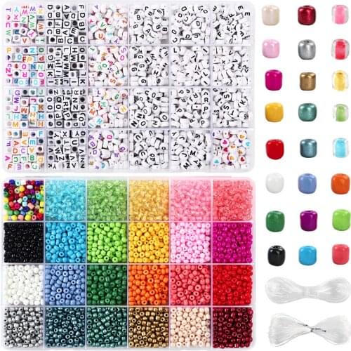 7200pcs 4mm Glass Seed Beads and 1600pcs 5 Style Letter Beads for Bracelets Jewelry Making Crafts Kit with 20m Crystal String