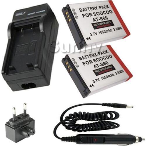 AT-S60 CAM SOOCOO S60 Accessories Li-Ion Rechargeable Battery (2-Pack) + Charger For SooCoo S60 Sports Action Cam Video Camera