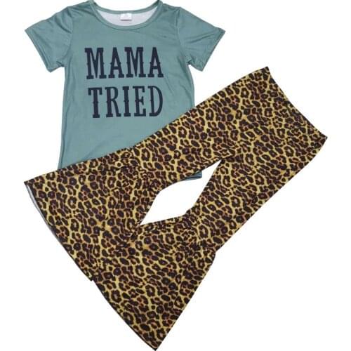 Free ShippingNew Fall baby girls clothes kids wear outfits Christmas 2pcs MAMA TRIED bell bottom pant boutique children clothing