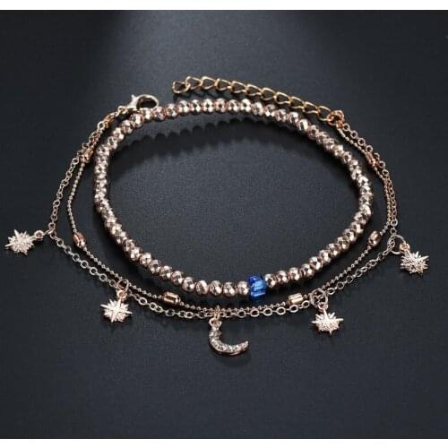 Trendy Creative New Moon Star Pendant Ankle Bracelets for Women Fashion Gold Color Strand Beads Layered Foot Chain Anklets