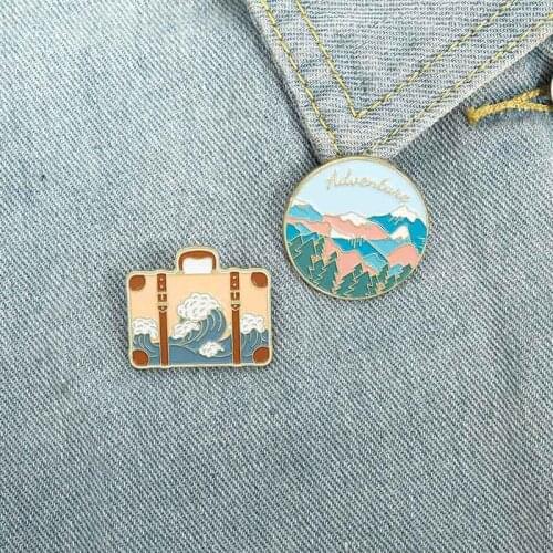 Travel Bag Wave Mountain Brooch Clothes Portfolio Lapel Enamel Pin Badges Cartoon Jewelry Accessories Gifts For Friends Women