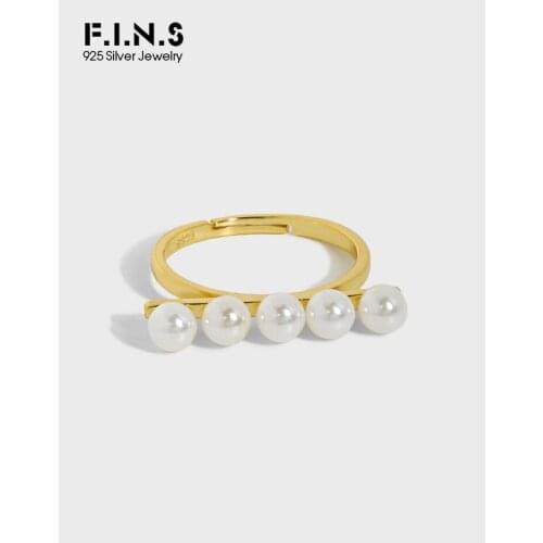 F.I.N.S Elegant S925 Sterling Silver Ring Simulated Pearl in Row Texture Open Adjustable Glossy Thin Finger Rings Fine Jewelry