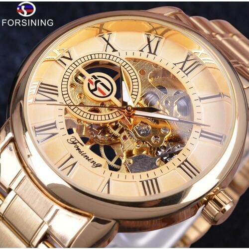 Forsining Retro Golden Series Transparent Case 3D Logo Stainless Steel Mens Watches Top Brand Luxury Mechanical Skeleton Watches