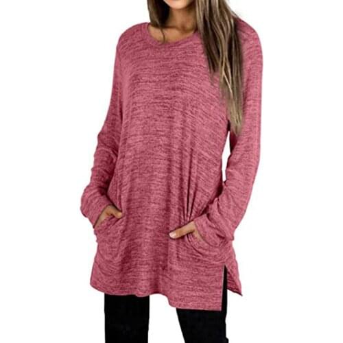 Loose Casual Solid Color Pockets Long Sleeve Tshirts Women Side Splited High Quality Top Femme 2XL Large Size Round Neck Tshirt