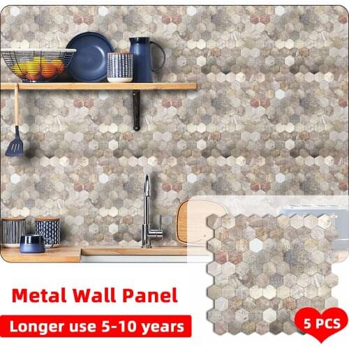 5PCS Metal Wall Sticker Waterproof Mosaic Self-Adhesive Tile Backsplash Peel and Stick Decor Kitchen Bedroom TV Background DIY