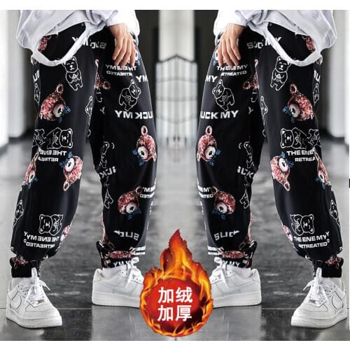 Fleece-Lined Trousers Men Bear Cartoon Printed Ankle Banded Pants Autumn Winter Street Dance Hip-Hop Fashion Loose Men Clothing