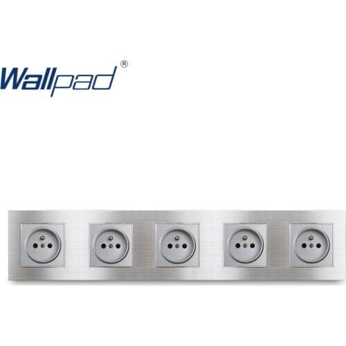 Silver 5 EU German Socket Wallpad Satin Metal Panel 5 Way 430*86mm Frame 16A Electrical Wall Power Outlet Schuko Plug Socket