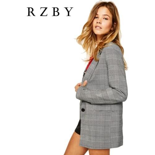 RZBY Autumn New Office Lady Uniform Job Interview Elegant Fashion Casual Loose Large Size Lapel One Button Plaid Suit Jacket