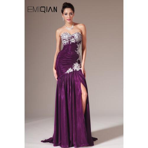 Freeshipping Sexy Slit Front Purple Chiffon Evening Dresses with White Lace