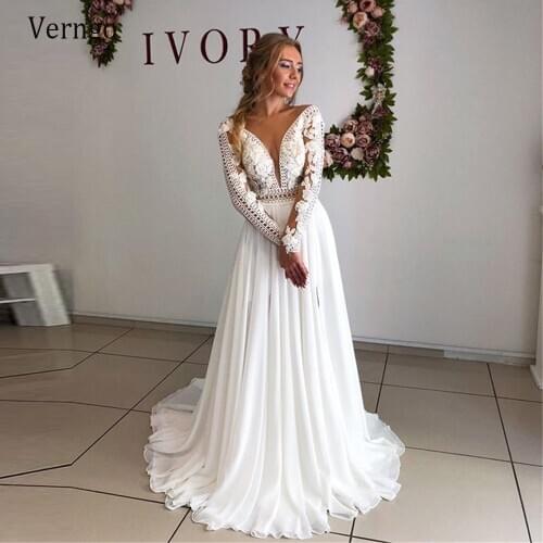 Verngo New Vintage Long Sleeves Wedding Dress Lace And Chiffon A Line Bride Gowns Backless Sexy Plus Size 2021 Bridal Dress