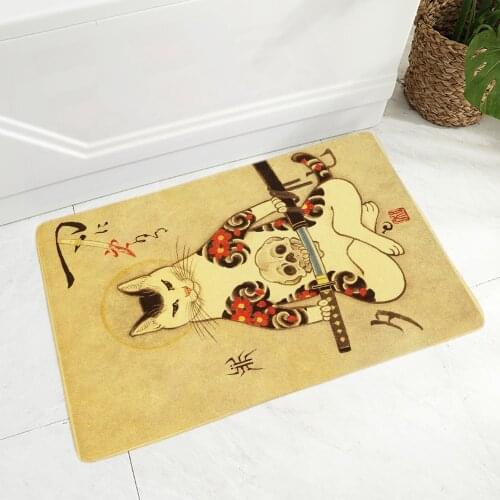 Vintage Japanese Samurai Cat Doormat Non-Slip Printed Soft Flannel Carpet Decor Tattoo Animal Floor Door Mat for Hallway 40x60cm