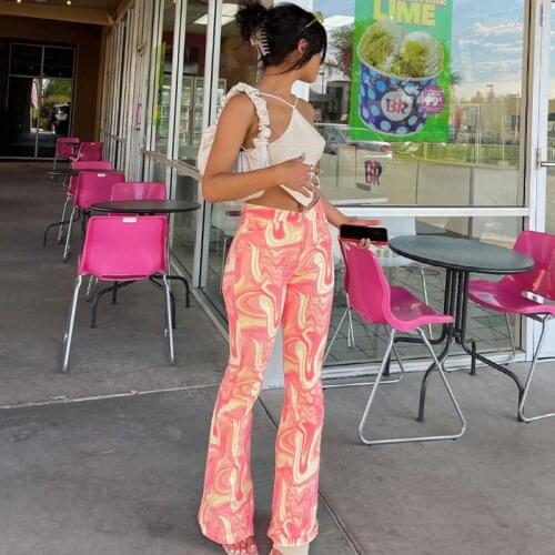 Hirigin 2021 Summer Women Tie Dye Print High Waist Flare Pants Streetwear Casual Bell Trousers Bottoms Fashion Y2K Vintage