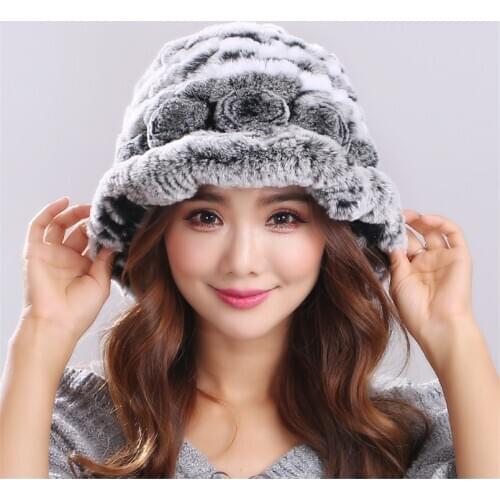 Real Rex Rabbit Fur Hats for Women Winter Warm Thicken Caps Beanies with Flower Rose