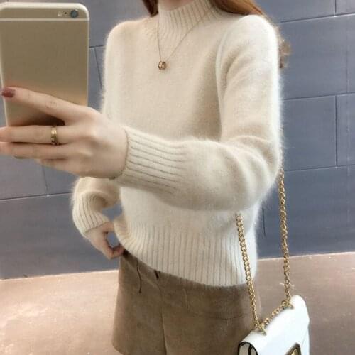 Autumn 2021 Half Turtleneck Women Caramel Sweater Knitwear Casual Loose Faux Mink Cashmere Long Sleeve Soft Warm Base Pullover