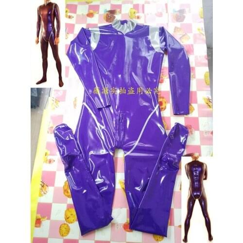 Purple Full Body Gummi Latex Rubber Catsuit with Silver Trim Open Back Crotch Zipper