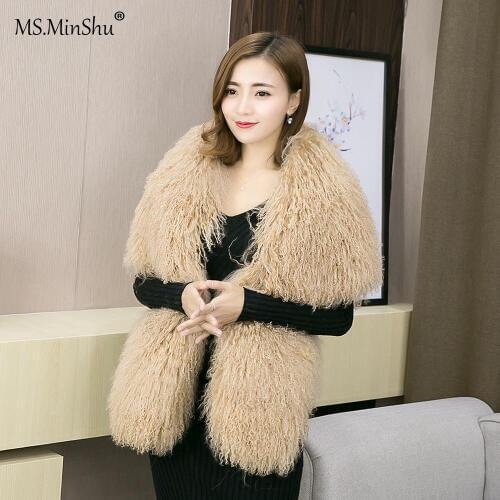 MS.MinShu Mongolian Lamb Fur Stole Real Fur Wrap with Sleeves Women Poncho Fashion Tibet Lamb Fur Big Scarf Free shipping
