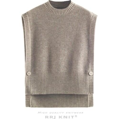 Coarse Yarn Side Full-open Knitted Vest Vest Womens Round Neck Short Front and Long Buttons at the Back