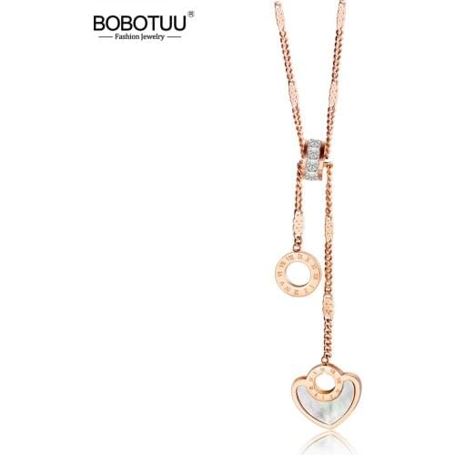 BOBOTUU Roman Numeral Circle Heart Stainless Steel Women Wedding Necklace Jewelry Fashion Lady Charm CZ Choker Necklace BN18286