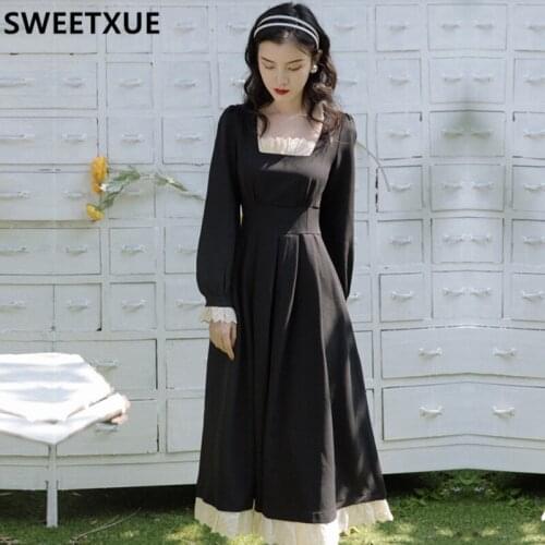 SWEETXUE Retro Lace Patchwork Temperament Square Collar Dress Womens 2021 Elegant Long Sleeve Chic Fairy Party Female Vestidos